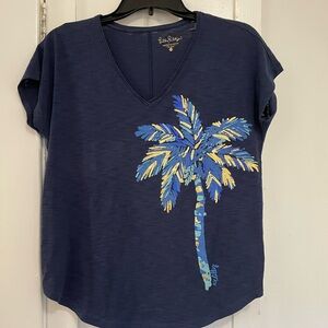 Lilly Pulitzer navy Colin palm tree  v neck shirt size xxs